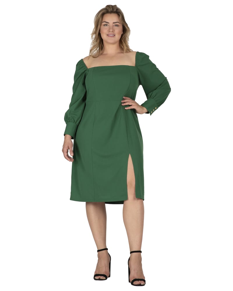 Front of a model wearing a size 20 Women's Square-Neck Off Shoulder Elegant Midi Dress in Green by Standards & Practices. | dia_product_style_image_id:280919